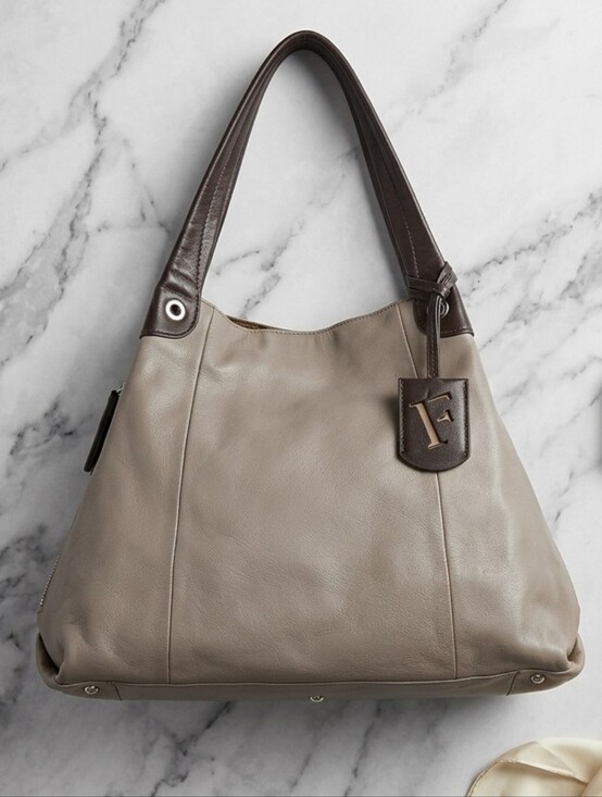 Furla Handbags - FURLA Genuine Leather Two-Tone Hobo Bag, Taupe & Espresso, Large